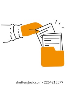 hand drawn doodle person put or take file on folder illustration vector