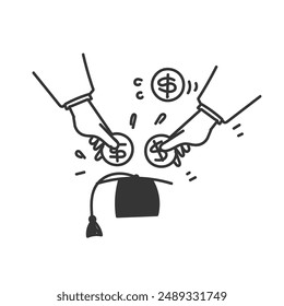 hand drawn doodle person put money tuition on graduation hat as piggy bank symbol for education dee tuition