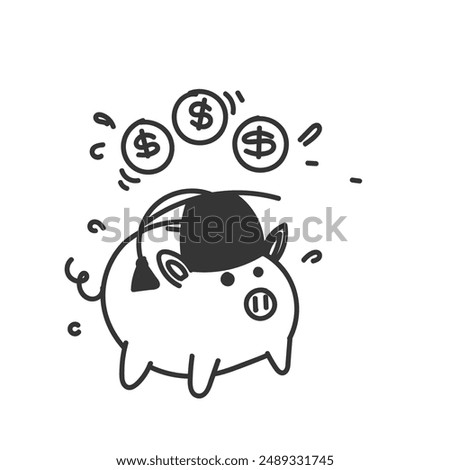 hand drawn doodle person put money tuition on graduation hat as piggy bank symbol for education dee tuition