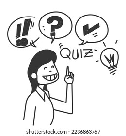 hand drawn doodle person showing Quiz logo in comic style illustration