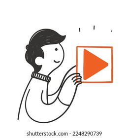 hand drawn doodle person showing and push play button illustration vector