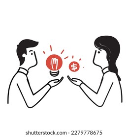 hand drawn doodle person showing idea and money coin in balance illustration vector