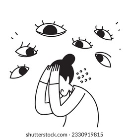 hand drawn doodle person surrounded by giant eyes feeling overwhelmed and helpless illustration