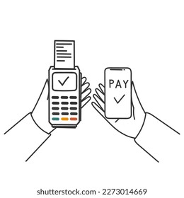 hand drawn doodle person using POS  terminals machine with mobile phone