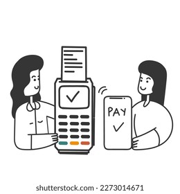 persona de doodle dibujada a mano utilizando una máquina de terminales POS con teléfono móvil