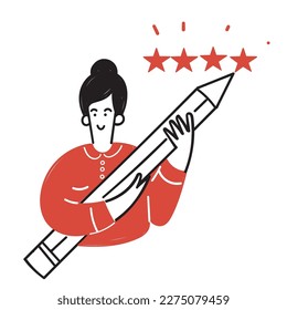 doodle dibujado a mano persona escribir reseña estrella de retroalimentación con lápiz