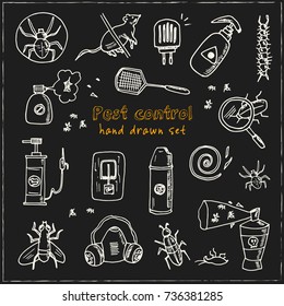 Hand drawn doodle pest control set. Vector illustration. Isolated elements on chalkboard background. Symbol collection. 