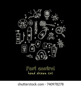 Hand drawn doodle pest control set. Vector illustration. Isolated elements on chalkboard background. Symbol collection.