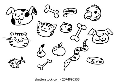 Hand drawn doodle pets set. Vet symbol collection. Cartoon dog, cat, bird, hamster, snake. Stock vector black white illustration.