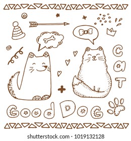 Hand drawn doodle Pets stuff and supply icons set. Vector illustration. Vet symbol collection.