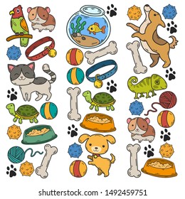 Hand drawn doodle Pets stuff and supply icons set. Vector illustration. Vet symbol collection. Cartoon dogs and cats care elements: kennel, leash, food, paw, bowl, bone and other goods for pet shop