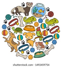 Hand drawn doodle Pets stuff and supply icons set. Vector illustration. Vet symbol collection. Cartoon dogs and cats care elements: kennel, leash, food, paw, bowl, bone and other goods for pet shop