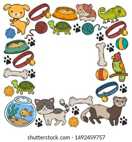 Hand drawn doodle Pets stuff and supply icons set. Vector illustration. Vet symbol collection. Cartoon dogs and cats care elements: kennel, leash, food, paw, bowl, bone and other goods for pet shop