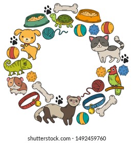 Hand drawn doodle Pets stuff and supply icons set. Vector illustration. Vet symbol collection. Cartoon dogs and cats care elements: kennel, leash, food, paw, bowl, bone and other goods for pet shop