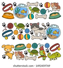 Hand drawn doodle Pets stuff and supply icons set. Vector illustration. Vet symbol collection. Cartoon dogs and cats care elements: kennel, leash, food, paw, bowl, bone and other goods for pet shop