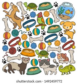 Hand drawn doodle Pets stuff and supply icons set. Vector illustration. Vet symbol collection. Cartoon dogs and cats care elements: kennel, leash, food, paw, bowl, bone and other goods for pet shop