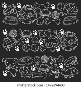 Hand drawn doodle Pets stuff and supply icons set. Vector illustration. Vet symbol collection. Cartoon dogs and cats care elements: kennel, leash, food, paw, bowl, bone and other goods for pet shop