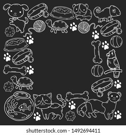 Hand drawn doodle Pets stuff and supply icons set. Vector illustration. Vet symbol collection. Cartoon dogs and cats care elements: kennel, leash, food, paw, bowl, bone and other goods for pet shop