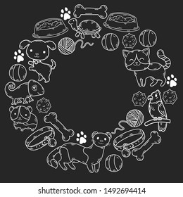 Hand drawn doodle Pets stuff and supply icons set. Vector illustration. Vet symbol collection. Cartoon dogs and cats care elements: kennel, leash, food, paw, bowl, bone and other goods for pet shop