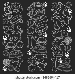 Hand drawn doodle Pets stuff and supply icons set. Vector illustration. Vet symbol collection. Cartoon dogs and cats care elements: kennel, leash, food, paw, bowl, bone and other goods for pet shop