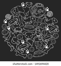 Hand drawn doodle Pets stuff and supply icons set. Vector illustration. Vet symbol collection. Cartoon dogs and cats care elements: kennel, leash, food, paw, bowl, bone and other goods for pet shop