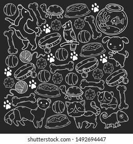 Hand drawn doodle Pets stuff and supply icons set. Vector illustration. Vet symbol collection. Cartoon dogs and cats care elements: kennel, leash, food, paw, bowl, bone and other goods for pet shop