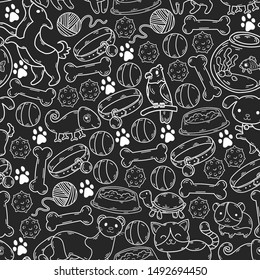 Hand drawn doodle Pets stuff and supply icons set. Vector illustration. seamless. Cartoon dogs and cats care elements: kennel, leash, food, paw, bowl, bone and other goods for pet shop