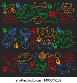 Hand drawn doodle Pets stuff and supply icons set. Vector illustration. Vet symbol collection. Cartoon dogs and cats care elements: kennel, leash, food, paw, bowl, bone and other goods for pet shop