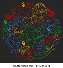 Hand drawn doodle Pets stuff and supply icons set. Vector illustration. Vet symbol collection. Cartoon dogs and cats care elements: kennel, leash, food, paw, bowl, bone and other goods for pet shop