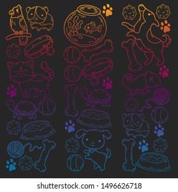 Hand drawn doodle Pets stuff and supply icons set. Vector illustration. Vet symbol collection. Cartoon dogs and cats care elements: kennel, leash, food, paw, bowl, bone and other goods for pet shop