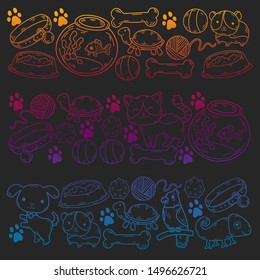 Hand drawn doodle Pets stuff and supply icons set. Vector illustration. Vet symbol collection. Cartoon dogs and cats care elements: kennel, leash, food, paw, bowl, bone and other goods for pet shop