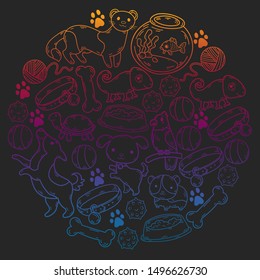 Hand drawn doodle Pets stuff and supply icons set. Vector illustration. Vet symbol collection. Cartoon dogs and cats care elements: kennel, leash, food, paw, bowl, bone and other goods for pet shop