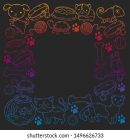 Hand drawn doodle Pets stuff and supply icons set. Vector illustration. Vet symbol collection. Cartoon dogs and cats care elements: kennel, leash, food, paw, bowl, bone and other goods for pet shop