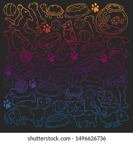 Hand drawn doodle Pets stuff and supply icons set. Vector illustration. Vet symbol collection. Cartoon dogs and cats care elements: kennel, leash, food, paw, bowl, bone and other goods for pet shop