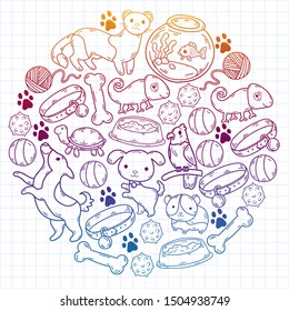 Hand drawn doodle Pets stuff and supply icons set. Vector illustration. Vet symbol collection. Cartoon dogs and cats care elements: kennel, leash, food, paw, bowl, bone and other goods for pet shop