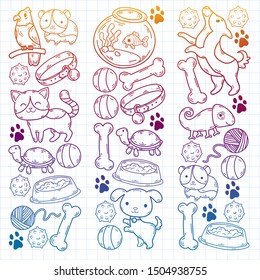 Hand drawn doodle Pets stuff and supply icons set. Vector illustration. Vet symbol collection. Cartoon dogs and cats care elements: kennel, leash, food, paw, bowl, bone and other goods for pet shop