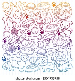 Hand drawn doodle Pets stuff and supply icons set. Vector illustration. Vet symbol collection. Cartoon dogs and cats care elements: kennel, leash, food, paw, bowl, bone and other goods for pet shop