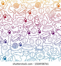 Hand drawn doodle Pets stuff and supply icons set. Vector illustration. seamless. Cartoon dogs and cats care elements: kennel, leash, food, paw, bowl, bone and other goods for pet shop