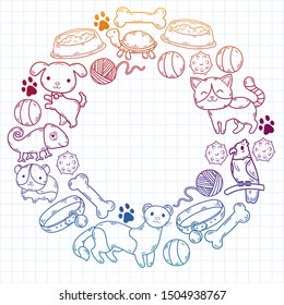 Hand drawn doodle Pets stuff and supply icons set. Vector illustration. Vet symbol collection. Cartoon dogs and cats care elements: kennel, leash, food, paw, bowl, bone and other goods for pet shop