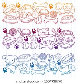 Hand drawn doodle Pets stuff and supply icons set. Vector illustration. Vet symbol collection. Cartoon dogs and cats care elements: kennel, leash, food, paw, bowl, bone and other goods for pet shop