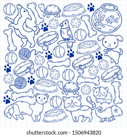 Hand drawn doodle Pets stuff and supply icons set. Vector illustration. Vet symbol collection. Cartoon dogs and cats care elements: kennel, leash, food, paw, bowl, bone and other goods for pet shop