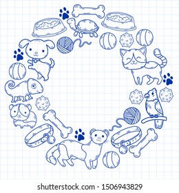 Hand drawn doodle Pets stuff and supply icons set. Vector illustration. Vet symbol collection. Cartoon dogs and cats care elements: kennel, leash, food, paw, bowl, bone and other goods for pet shop