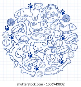 Hand drawn doodle Pets stuff and supply icons set. Vector illustration. Vet symbol collection. Cartoon dogs and cats care elements: kennel, leash, food, paw, bowl, bone and other goods for pet shop