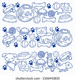 Hand drawn doodle Pets stuff and supply icons set. Vector illustration. Vet symbol collection. Cartoon dogs and cats care elements: kennel, leash, food, paw, bowl, bone and other goods for pet shop