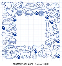 Hand drawn doodle Pets stuff and supply icons set. Vector illustration. Vet symbol collection. Cartoon dogs and cats care elements: kennel, leash, food, paw, bowl, bone and other goods for pet shop