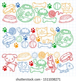 Hand drawn doodle Pets stuff and supply icons set. Vector illustration. Vet symbol collection. Cartoon dogs and cats care elements: kennel, leash, food, paw, bowl, bone and other goods for pet shop