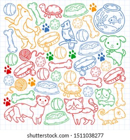 Hand drawn doodle Pets stuff and supply icons set. Vector illustration. Vet symbol collection. Cartoon dogs and cats care elements: kennel, leash, food, paw, bowl, bone and other goods for pet shop