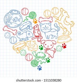 Hand drawn doodle Pets stuff and supply icons set. Vector illustration. Vet symbol collection. Cartoon dogs and cats care elements: kennel, leash, food, paw, bowl, bone and other goods for pet shop