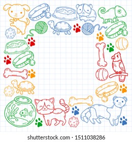 Hand drawn doodle Pets stuff and supply icons set. Vector illustration. Vet symbol collection. Cartoon dogs and cats care elements: kennel, leash, food, paw, bowl, bone and other goods for pet shop