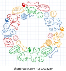 Hand drawn doodle Pets stuff and supply icons set. Vector illustration. Vet symbol collection. Cartoon dogs and cats care elements: kennel, leash, food, paw, bowl, bone and other goods for pet shop